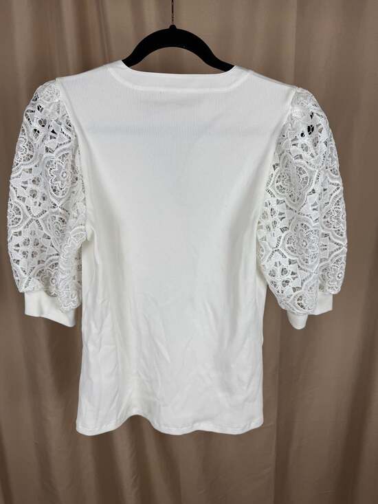 Elie Tahari Coralee Eyelet Puff Sleeve Henley Knit Top Sky White - Picture 2 of 5
